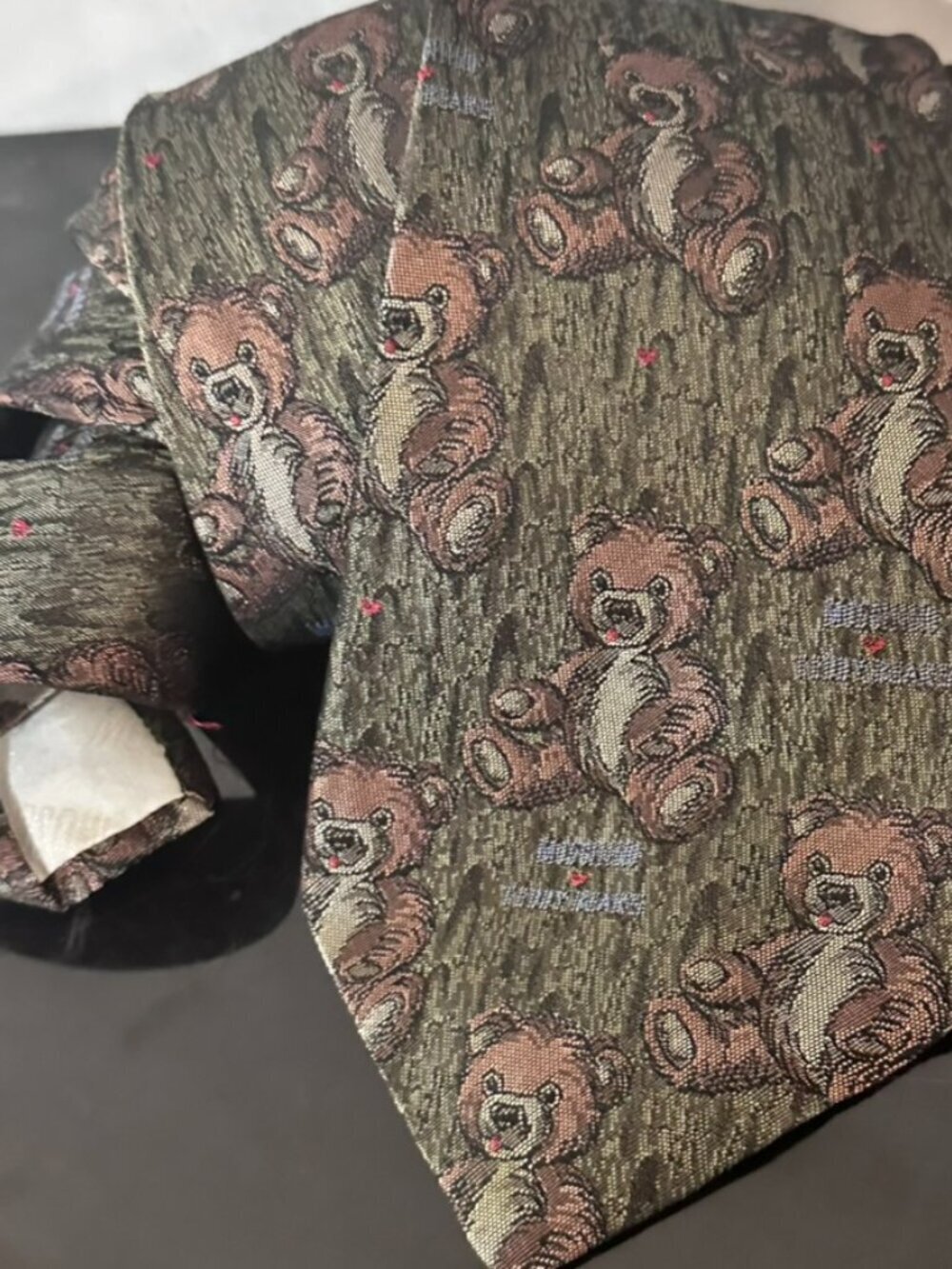 Moschino Tie Collectors Item Silk Pewter Brown Gray Teddy Bear Necktie